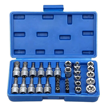 Juego De Dados Torx 34 Pzas Estrella Hembra Macho Acero Cromo Vanadio Plateado