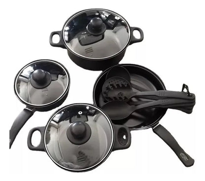 Juego De Ollas Antiadherente Mas Utensilios 13 Pcs Negro