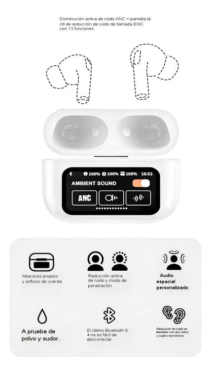 Auriculares Bluetooth A9pro Cancelación Ruido Lcd Táctil Color Blanco