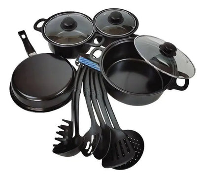 Juego De Ollas Antiadherente Mas Utensilios 13 Pcs Negro