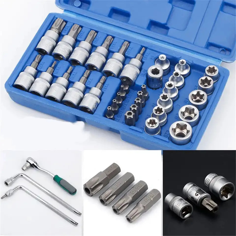 Juego Dados Torx Estrella 3/8 Hembra Macho 34 Pcs Crownman Acero Material Herramienta Resistente